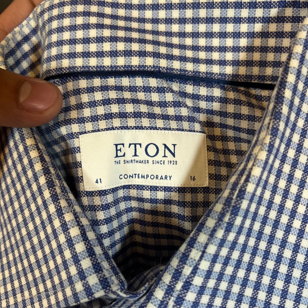Eton Dress Shirt Mens 16/41 Blue Gingham Check Contemporary Fit Oxford - Picture 4 of 9